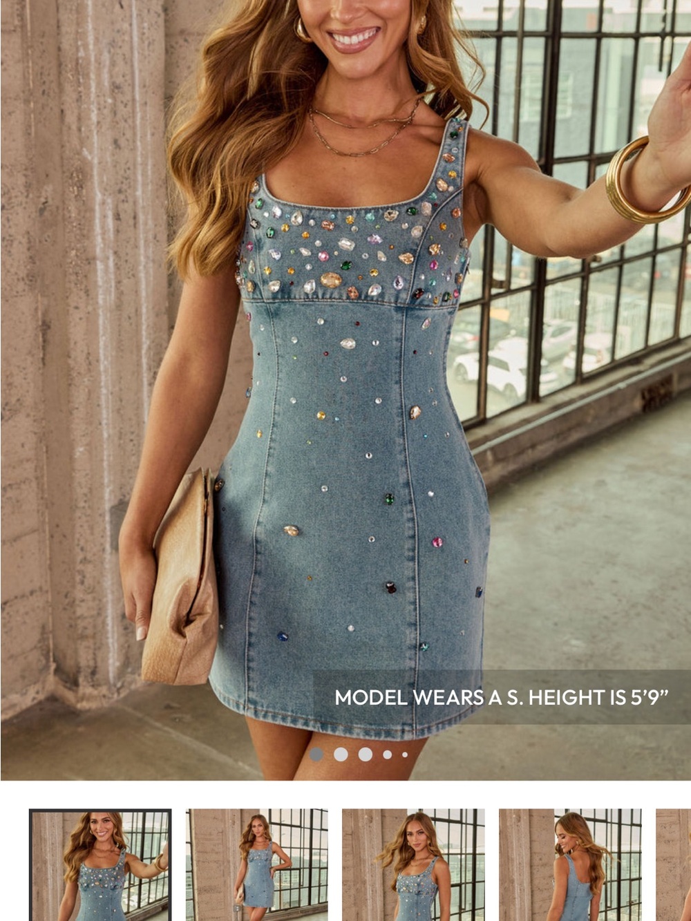 Vici Instant Joy embellished Denim Mini Dress with Multicolored Gems